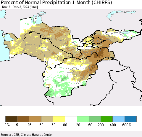Central Asia Percent of Normal Precipitation 1-Month (CHIRPS) Thematic Map For 11/6/2023 - 12/5/2023