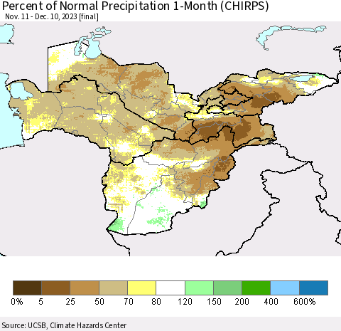 Central Asia Percent of Normal Precipitation 1-Month (CHIRPS) Thematic Map For 11/11/2023 - 12/10/2023