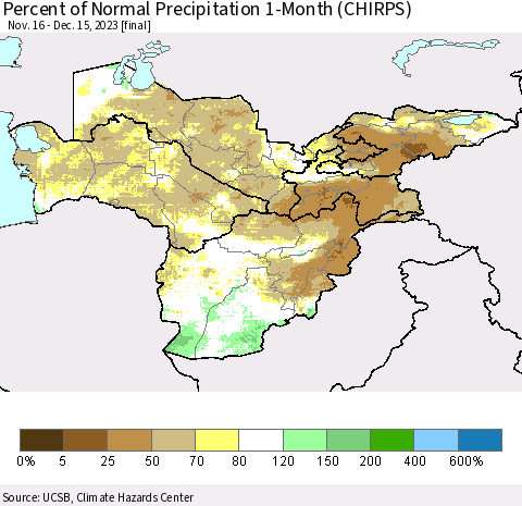 Central Asia Percent of Normal Precipitation 1-Month (CHIRPS) Thematic Map For 11/16/2023 - 12/15/2023