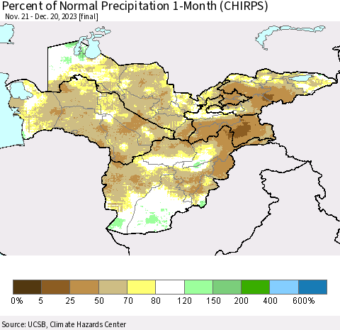 Central Asia Percent of Normal Precipitation 1-Month (CHIRPS) Thematic Map For 11/21/2023 - 12/20/2023