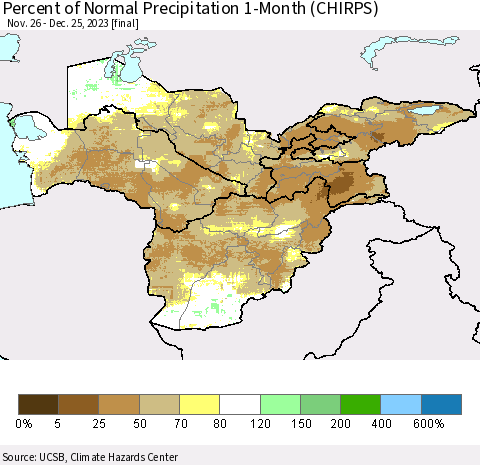 Central Asia Percent of Normal Precipitation 1-Month (CHIRPS) Thematic Map For 11/26/2023 - 12/25/2023