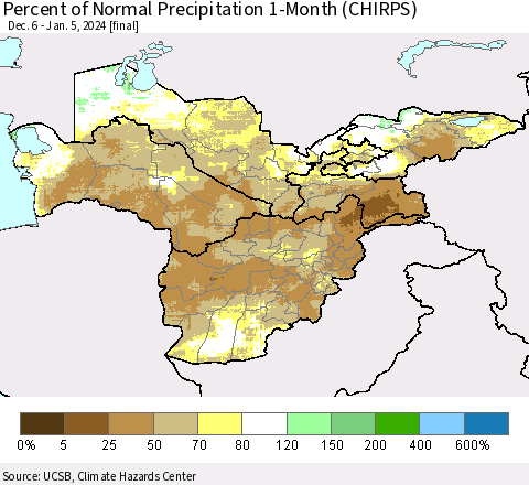 Central Asia Percent of Normal Precipitation 1-Month (CHIRPS) Thematic Map For 12/6/2023 - 1/5/2024