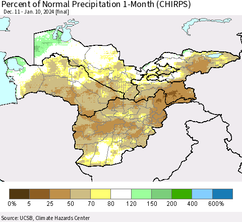 Central Asia Percent of Normal Precipitation 1-Month (CHIRPS) Thematic Map For 12/11/2023 - 1/10/2024