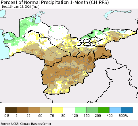 Central Asia Percent of Normal Precipitation 1-Month (CHIRPS) Thematic Map For 12/16/2023 - 1/15/2024