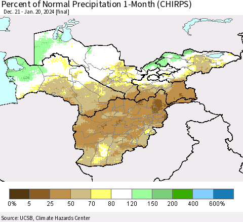 Central Asia Percent of Normal Precipitation 1-Month (CHIRPS) Thematic Map For 12/21/2023 - 1/20/2024