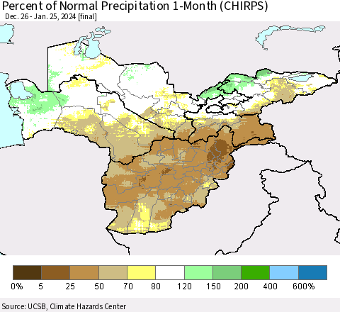 Central Asia Percent of Normal Precipitation 1-Month (CHIRPS) Thematic Map For 12/26/2023 - 1/25/2024