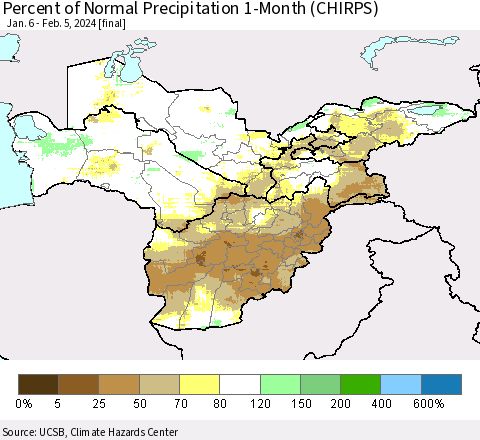 Central Asia Percent of Normal Precipitation 1-Month (CHIRPS) Thematic Map For 1/6/2024 - 2/5/2024