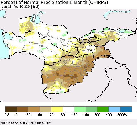 Central Asia Percent of Normal Precipitation 1-Month (CHIRPS) Thematic Map For 1/11/2024 - 2/10/2024