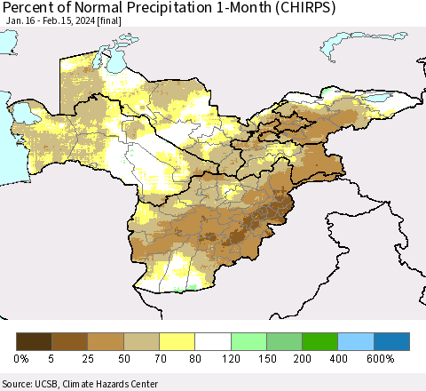 Central Asia Percent of Normal Precipitation 1-Month (CHIRPS) Thematic Map For 1/16/2024 - 2/15/2024