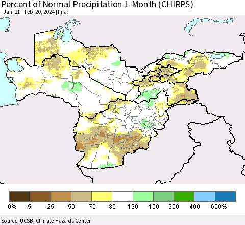 Central Asia Percent of Normal Precipitation 1-Month (CHIRPS) Thematic Map For 1/21/2024 - 2/20/2024