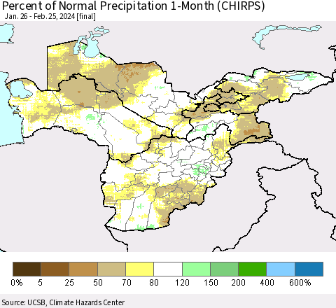 Central Asia Percent of Normal Precipitation 1-Month (CHIRPS) Thematic Map For 1/26/2024 - 2/25/2024