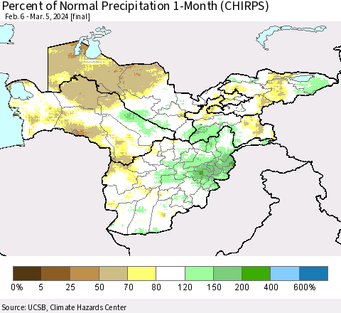 Central Asia Percent of Normal Precipitation 1-Month (CHIRPS) Thematic Map For 2/6/2024 - 3/5/2024