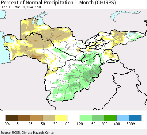 Central Asia Percent of Normal Precipitation 1-Month (CHIRPS) Thematic Map For 2/11/2024 - 3/10/2024