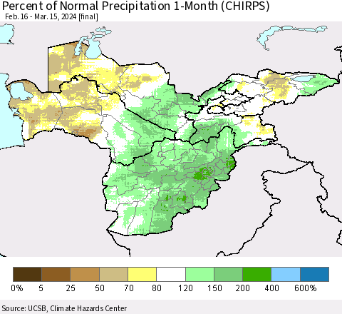 Central Asia Percent of Normal Precipitation 1-Month (CHIRPS) Thematic Map For 2/16/2024 - 3/15/2024