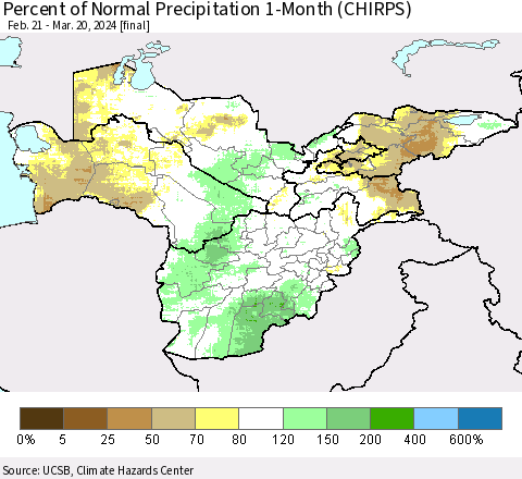 Central Asia Percent of Normal Precipitation 1-Month (CHIRPS) Thematic Map For 2/21/2024 - 3/20/2024