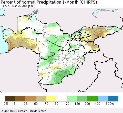 Central Asia Percent of Normal Precipitation 1-Month (CHIRPS) Thematic Map For 2/26/2024 - 3/25/2024
