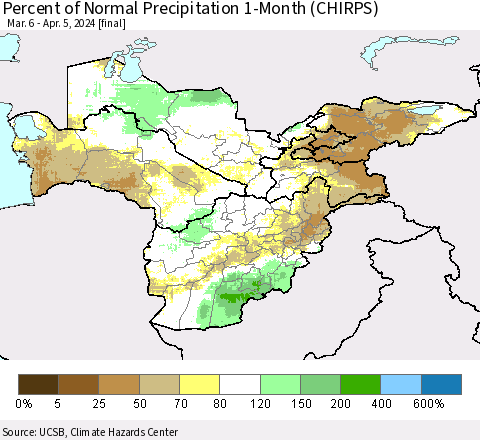 Central Asia Percent of Normal Precipitation 1-Month (CHIRPS) Thematic Map For 3/6/2024 - 4/5/2024