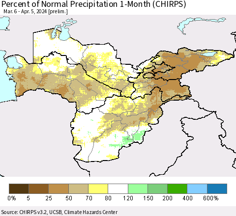 Central Asia Percent of Normal Precipitation 1-Month (CHIRPS) Thematic Map For 3/6/2024 - 4/5/2024