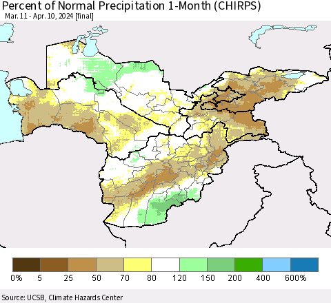 Central Asia Percent of Normal Precipitation 1-Month (CHIRPS) Thematic Map For 3/11/2024 - 4/10/2024