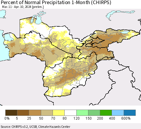 Central Asia Percent of Normal Precipitation 1-Month (CHIRPS) Thematic Map For 3/11/2024 - 4/10/2024