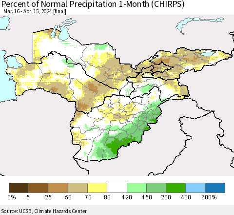 Central Asia Percent of Normal Precipitation 1-Month (CHIRPS) Thematic Map For 3/16/2024 - 4/15/2024