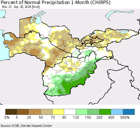Central Asia Percent of Normal Precipitation 1-Month (CHIRPS) Thematic Map For 3/21/2024 - 4/20/2024