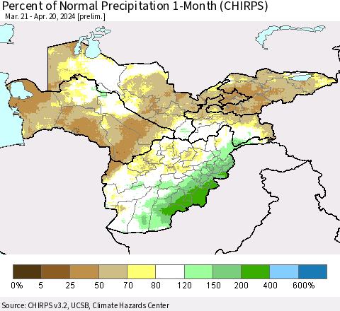 Central Asia Percent of Normal Precipitation 1-Month (CHIRPS) Thematic Map For 3/21/2024 - 4/20/2024