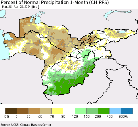Central Asia Percent of Normal Precipitation 1-Month (CHIRPS) Thematic Map For 3/26/2024 - 4/25/2024