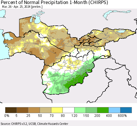 Central Asia Percent of Normal Precipitation 1-Month (CHIRPS) Thematic Map For 3/26/2024 - 4/25/2024