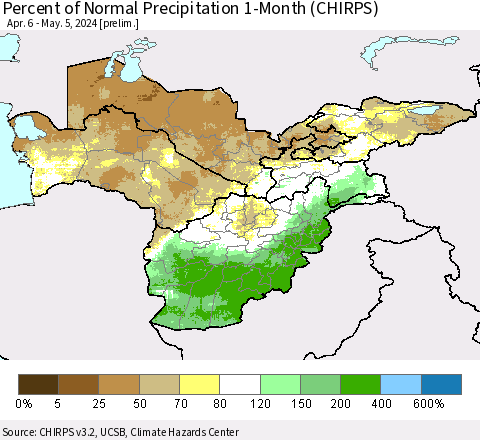Central Asia Percent of Normal Precipitation 1-Month (CHIRPS) Thematic Map For 4/6/2024 - 5/5/2024