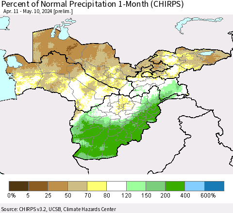 Central Asia Percent of Normal Precipitation 1-Month (CHIRPS) Thematic Map For 4/11/2024 - 5/10/2024