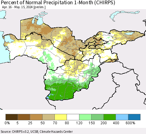 Central Asia Percent of Normal Precipitation 1-Month (CHIRPS) Thematic Map For 4/16/2024 - 5/15/2024