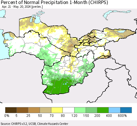 Central Asia Percent of Normal Precipitation 1-Month (CHIRPS) Thematic Map For 4/21/2024 - 5/20/2024