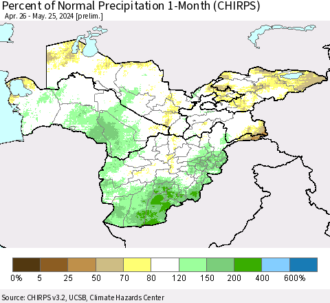 Central Asia Percent of Normal Precipitation 1-Month (CHIRPS) Thematic Map For 4/26/2024 - 5/25/2024