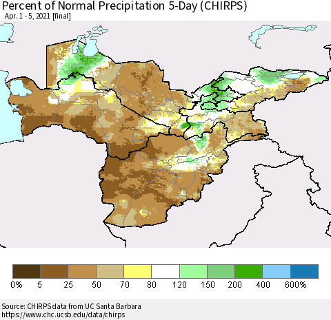 Central Asia Percent of Normal Precipitation 5-Day (CHIRPS) Thematic Map For 4/1/2021 - 4/5/2021
