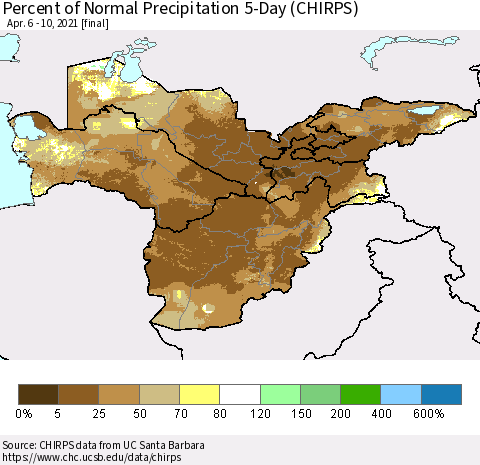Central Asia Percent of Normal Precipitation 5-Day (CHIRPS) Thematic Map For 4/6/2021 - 4/10/2021
