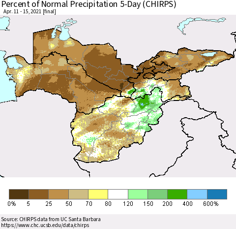 Central Asia Percent of Normal Precipitation 5-Day (CHIRPS) Thematic Map For 4/11/2021 - 4/15/2021
