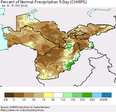 Central Asia Percent of Normal Precipitation 5-Day (CHIRPS) Thematic Map For 4/16/2021 - 4/20/2021