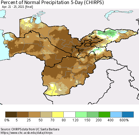 Central Asia Percent of Normal Precipitation 5-Day (CHIRPS) Thematic Map For 4/21/2021 - 4/25/2021