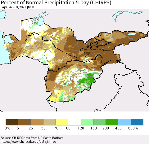 Central Asia Percent of Normal Precipitation 5-Day (CHIRPS) Thematic Map For 4/26/2021 - 4/30/2021