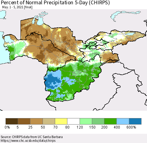 Central Asia Percent of Normal Precipitation 5-Day (CHIRPS) Thematic Map For 5/1/2021 - 5/5/2021
