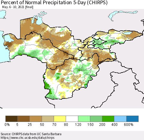 Central Asia Percent of Normal Precipitation 5-Day (CHIRPS) Thematic Map For 5/6/2021 - 5/10/2021