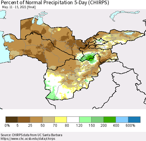 Central Asia Percent of Normal Precipitation 5-Day (CHIRPS) Thematic Map For 5/11/2021 - 5/15/2021
