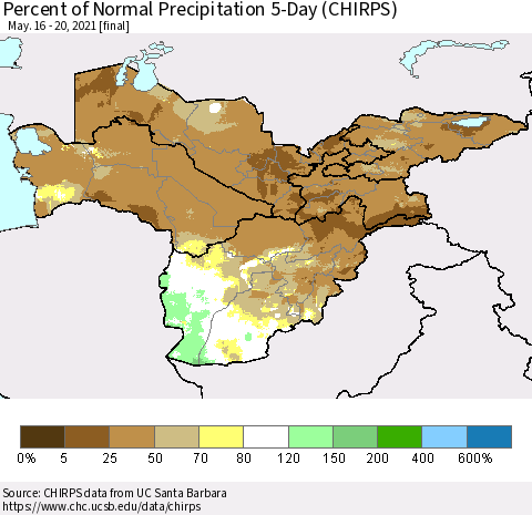 Central Asia Percent of Normal Precipitation 5-Day (CHIRPS) Thematic Map For 5/16/2021 - 5/20/2021
