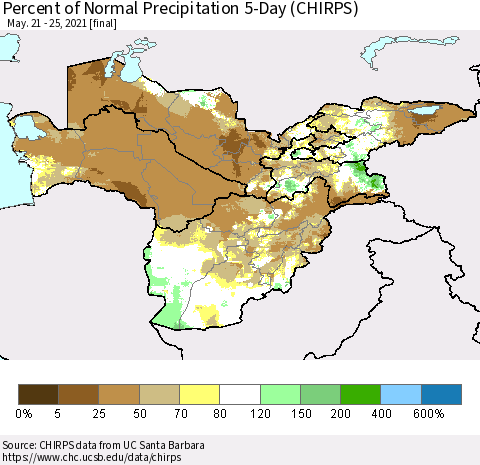 Central Asia Percent of Normal Precipitation 5-Day (CHIRPS) Thematic Map For 5/21/2021 - 5/25/2021