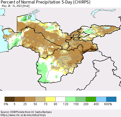 Central Asia Percent of Normal Precipitation 5-Day (CHIRPS) Thematic Map For 5/26/2021 - 5/31/2021