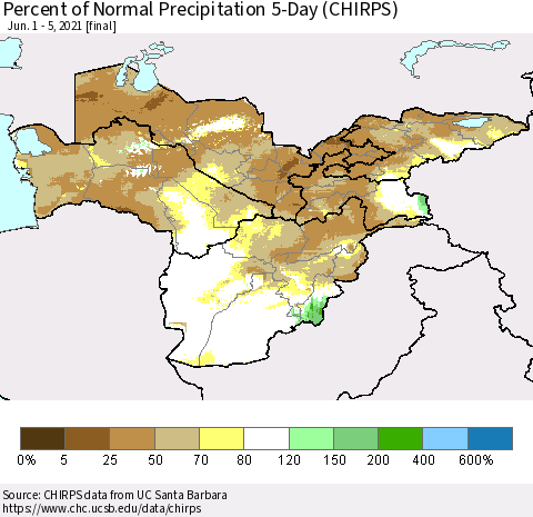 Central Asia Percent of Normal Precipitation 5-Day (CHIRPS) Thematic Map For 6/1/2021 - 6/5/2021