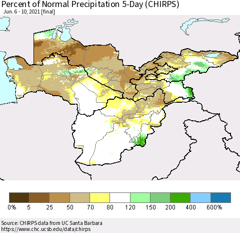 Central Asia Percent of Normal Precipitation 5-Day (CHIRPS) Thematic Map For 6/6/2021 - 6/10/2021
