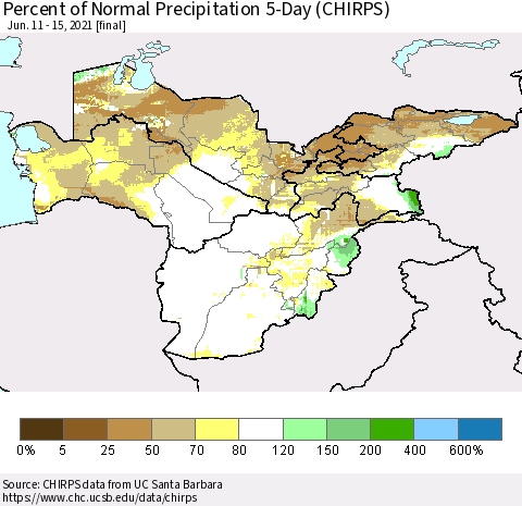 Central Asia Percent of Normal Precipitation 5-Day (CHIRPS) Thematic Map For 6/11/2021 - 6/15/2021