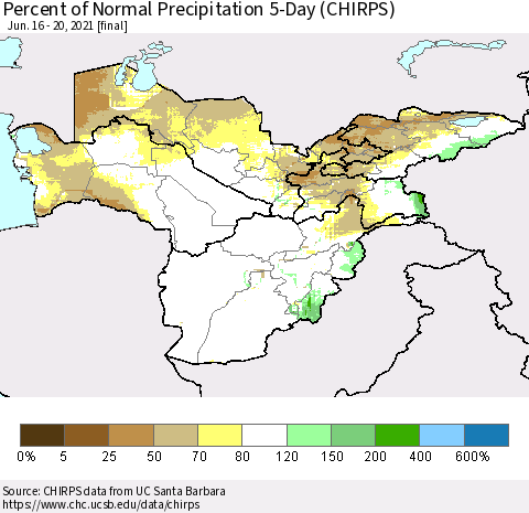 Central Asia Percent of Normal Precipitation 5-Day (CHIRPS) Thematic Map For 6/16/2021 - 6/20/2021